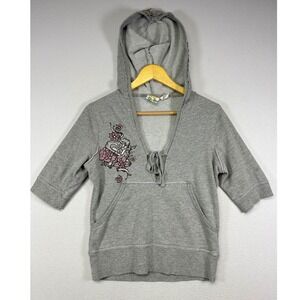 Y2K Boho Roxy Womens Large Gray Lace Up Short Sleeve Floral Graphic Hoodie